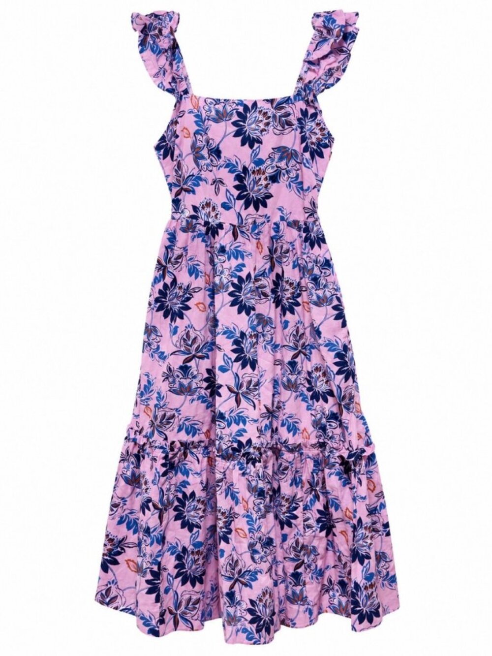 J.Crew Pink Blue Floral Ruffle Strap Tiered Midi Dress 0